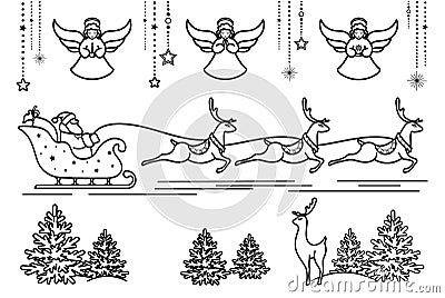 Santa Claus on sleigh with reindeer. Christmas angels, garlands and decorations Vector Illustration